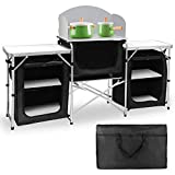 Seeutek Camping Kitchen Table Aluminum Portable Outdoor Cooking Table Foldable Camp Table with Windscreen and 3 Storage Cupboards Multifunctional for BBQ, Party, Picnics and Outdoor Activities Black