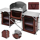 Happybuy Camping Kitchen Table, 3 Storage Organizer, Aluminum Windscreen Outdoor Folding Grill Station with 2 Side Tables, Camping Supplies and Accessories for BBQ Picnic Fishing Party Use, Brown