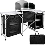 VBENLEM Portablefor Camping Kitchen for Outdoor Activities, Windscreen and Storage Organiser, Aluminum Folding Cook Table Lightweight Easy to Set Black