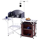 CampLand Folding Cooking Table Outdoor Portable Cook Station Aluminum Camping Kitchen with Storage Organizer, Windscreen, Hooks for BBQ, Party
