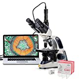 Swift Compound Trinocular Microscope SW380T,40X-2500X Magnification,Siedentopf Head,Two-Layer Mechanical Stage,with 5.0 mp Camera and Software Windows/Mac Compatible and 100 PCS Blank Slides