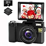 Digital Camera Vlogging Camera with YouTube 30MP Full HD 2.7K Vlog Camera with Flip Screen 180° Rotation with 32GB Memory Card and 2 Batteries （Focus Fixed）
