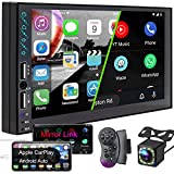 Double Din Car Stereo Compatible with Voice Control Apple Carplay &Android Auto,7 Inch HD LCD Touch Screen with Bluetooth 5.0,MP5 Player with A/V Input,USB/Charge Port,Backup Camera,Mirror Link,SWC