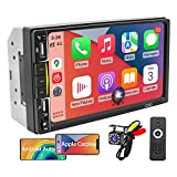 Double Din Car Stereo with Apple CarPlay and Android Auto, 7 Inch Touchscreen Radio with 2 USB Ports Bluetooth 5.0 and 12LED Backup Camera, Phone Mirror-Link Multimedia Car Audio Receiver