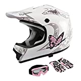 TCMT Dot Youth & Kids Motocross Offroad Street Helmet Pink Butterfly Motorcycle Youth Helmet Dirt Bike Motocross ATV Helmet+Goggles+Gloves M