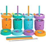 4 Pack Kids & Toddler Cups - 8 OZ Glass Mason Jars Spill Proof Snack Smoothie Cups with Leak Proof Regular Lid & Silicone Straw, Sleeve, Stopper - BPA FREE Baby Christmas Gift Kid Tumbler for Drinking