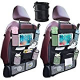 DIMJ Car Backseat Organizers for Kids (2 Pack), 9 Storage Pockets Kick Mats Car Back Seat Protectors for Toddlers with a Flushable Trash Can (1 Pack), a 10 inch Touch Screen Tablet Pockets and a Tissue Bag