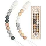 Pacifier Clip for Baby Boys Girls Paci Holder Silicone Teething Beads Teether Toys Soothie Binky Clips 2 Pack (Grey, Beige)