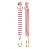Itzy Ritzy Linen Pacifier Clips; Fabric Pacifier Strap with Clip Keeps Pacifiers & Teethers in Place; Includes Universal Attachment Clip and Loop; 2-Pack of Pink and Pink Stripe
