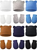 12 Sets Newborn Cotton Hospital Hat Mittens Baby Beanie Solid Infant Baby Hats with Ear and No Scratch Mitten Soft Gloves (White, Blue, Gray, Navy Blue, Brown, Black)