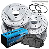 PowerSport Front Rear Silver Drilled Slotted Brake Rotors and Ceramic Pads Compatible For 2004-2007 BMW 525i, 530i