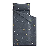 Wake In Cloud - Nap Mat with Removable Pillow for Kids Toddler Boys Girls Daycare Preschool Kindergarten Sleeping Bag, Space Stars Rockets on Gray Grey, 100% Cotton with Microfiber Fill