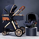 TXTC 3 in 1 Stroller Carriage with Oversized Canopy/Easy One-Hand Fold,Foldable Luxury Baby Stroller Anti-Shock Springs High View Pram Baby Stroller with Baby Basket (Color : Blue)