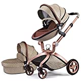 Hot Mom Baby Stroller: Baby Carriage with Adjustable Seat Height Angle and Four-Wheel Shock Absorption,Reversible，High Landscape and Fashional Pram (Grid)