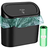 Wontolf Car Trash Can Bin with Lid and 30pcs Trash Bags Small Car Garbage Can Leakproof Mini Car Accessories Trash Bin 7.3x2.5x6IN Car Dustbin Organizer Container for Car Office Home