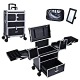 Adazzo Rolling Makeup Case Cosmetic Train Case Multi-functional 6 Trays with Drawer Mirror Brushes Tools Pouch Swivel Wheels Cosmetology Trolley for Makeup Artist, Hairstylists, Nail Tech Students Salon Barber Traveling Case Cart Trunk Black