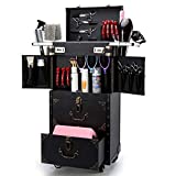 ASCASE Rolling Lockable Makeup Train Case Hairdressing Trolley Stylist Beauty Salon Cosmetic Luggage Travel Organizer Tool Box with Hair Dryer Holder
