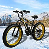 Electric Bike, 26’’ 500W Electric Mountain Bike, Fat Tire Ebike with LED Display, 20MPH Adults Ebike with Removable 10Ah Battery,Professional 21 Speed Gears for Men (Yellow)