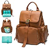 Diaper Bag Backpack Mominside, Leather Backpack for Women, Travel Baby Bag with 15 Pockets Baby Registry Search, Changing Mat,Large Capacity for Wet Clothes,4 Insulated Pockets Brown