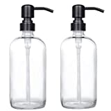 2 Pack Thick Clear Glass Pint Jar Soap Dispenser with Matte Black Stainless Steel Pump, 16ounce Clear Boston Round Bottles Dispenser with Rustproof Pump for Essential Oil, Lotion Soap