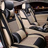 Car Seat Cover Leather, FREESOO Car Seat Covers Full Set Front Rear Automotive Breathable Universal for 5 Seats Vehicle Year Round Use(Khaki Black)