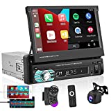 Car Stereo with Apple Carplay Android Auto 7 Inch Foldable HD Touchscreen Radio Supports FM Bluetooth Android/iOS Mirror Link SWC,Single Din Car Audio with AHD Backup Camera/USB/TF Card Port/AUX-in