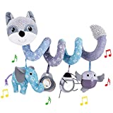ORZIZRO Car Seat Toys, Baby Plush Spiral Hanging Toys for Stroller Crib Bar Bassinet Car Seat Mobile with Musical Owl BB Squeaker Elephant- Gray Fox