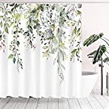 Tititex Green Eucalyptus Shower Curtain Sets, Watercolor Leaves on The Top Plant with Floral Bathroom Decoration 72x72 Inch with Hooks
