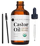 Castor Oil (2oz), USDA Certified Organic, 100% Pure, Cold Pressed, Hexane Free by Kate Blanc Cosmetics. Stimulate Growth for Eyelashes, Eyebrows, Hair. Skin Moisturizer & Hair Treatment Starter Kit
