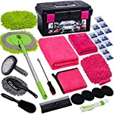 FORCAR 29Pcs Car Cleaning Kit Wash Tools Set with 41' Long Handle Brush Mop, Extendable Long Pole Window Water Scraper, Wash Mitt Large Towels, Storage Box for Interior and Exterior Detailing, Pink