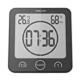 BALDR Waterproof Alarm Clock with Timer for Bathroom Shower - Wall Mounted LCD Clock Displays Time, Temperature & Indoor Relative Humidity