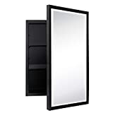 Black Metal Framed Recessed Bathroom Medicine Cabinet with Mirror Rectangle Beveled Vanity Mirrors for Wall 16 x 24 inches