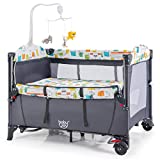 BABY JOY 5-in-1 Pack and Play, Baby Bedside Sleeper with Bassinet, Multifunction Bed Side Sleeper w/U-Shaped Diaper Changer, Safety Strap, Side Package, Music Box & Hanging Toys, Carrying Bag (Grey)
