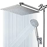 Shower Head, NERDON 12'' High Pressure Rainfall Shower Head Handheld Combo 5 Settings with 15'' Brass Height/Angle Adjustable Extension Arm 60' Hose, Stainless Steel Bath Rain Showerhead with 4 Hooks