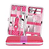 Teamkio 18pcs Manicure Set Pedicure Nail Clippers Set Travel Hygiene Kit Stainless Steel Professional Cutter Care Set Scissor Tweezer Knife Ear Pick Tools Grooming Kits with Leather Case (18pcs, Pink)