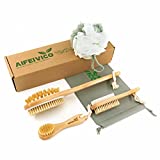 Dry Brushing Body Brush Set of 4, Bath Brush Long Handle for Shower, Natural Bristle Dry Brush for Cellulite and Lymphatic, Massage Scrubber, Bath Sponge, Face Brush, Pumice Stone for Feet Set