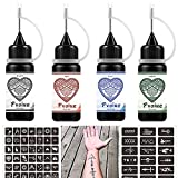 Temporary Tattoos Kit, Permanent Tattoo, 4 Pcs with Three Colors, DIY Tattoos, Full Kit 78 Pcs Adhesive Stencil for Women Kids Men Body Markers - 4 Bottles (Black/Red/Blue/Green)