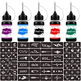 Tattoo Kit with 5 Colors Fruity Ink and 64 Patterns Adhesive Stencils, Semi Permanent Tattoo Inkbox Similar to Cones for Adult/Kids Body Makers, Classical Black/Red/Green/Purple/Blue as DIY Tattoos and Ideal Gift
