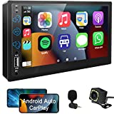 Car Stereo Compatible with Apple Carplay & Android Auto, 7 Inch Touchscreen Double Din Car Stereo, Car Audio Receiver with Anti-Noise Microphone, Bluetooth, Mirror Link, Backup Camera, AM/FM Car Radio