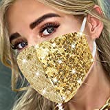 MLGDA Sparkly Sequins Mouth Masc Fashion Designer Glitter Cotton Face Cover With Adjustable Ear Loops Reusable Masquerade Party Nightclub Rave Festival Sequins Face Covering (Gold)