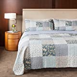 SLPR Wildflowers 3-Piece Patchwork Cotton Bedding Quilt Set - Queen with 2 Shams | Blue Country Quilted Bedspread