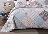DaDa Bedding Cottage Patchwork Cotton Floral Bedspread Quilt Set - Hint of Mint Dainty Quilted Blooming Garden Botanical - Multi Colorful Ruffle Pastel Light Pink Blue/Green - Cal King - 3-Pieces