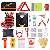 Car Roadside Emergency Kit with Jumper Cables, Auto Vehicle Safety Road Side Assistance Kits, Winter Car Kit for Women and Men, with Portable Air Compressor, First Aid Kit, Tow Rope, etc