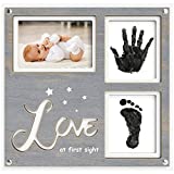 1Dino Premium Baby Handprint and Footprint Kit - 12.6” x 12.2' White/Grey Wood Baby Picture Frame - Includes 2X Clean Touch Ink Pad for Baby Hand and Footprints - Baby Registry, Baby Shower Gifts