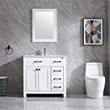 Walsport 36 inch White Bathroom Vanity with Sink Modern Wood Cabinet Basin Vessel Sink Set with Mirror, Chrome Faucet, P-Trap