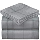 Mellanni 100% Organic Cotton Flannel Sheet Set - Heavyweight 180GSM 4 pc Printed Luxury Bed Sheets - Cozy, Soft, Warm, Breathable Bedding - Deep Pockets - All Around Elastic (King, Light Gray Plaid)