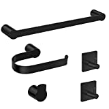5-Pieces Matte Black Bathroom Hardware Set SUS304 Stainless Steel Round Wall Mounted - Includes 16' Hand Towel Bar, Toilet Paper Holder, 3 Robe Towel Hooks, Upgraded Bathroom Accessories Kit