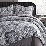 Moroccan Paisley Duvet Cover 3pc Set Bohemian Bedding Boteh Damask Medallion 400TC Egyptian Cotton Sateen Luxury Ombre Style Bed Linen (Oxford Grey, Queen)