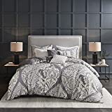 Madison Park 100% Cotton Duvet Set-Classic Traditional Design Cozy All Season Comforter Cover, Matching Shams, Decorative Pillows, King/California King (104 in x 92 in), Vienna, Damask Grey, 6 Piece