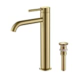 Luxury Solid Brass Brushed Gold Single Hole Bathroom Vessel Sink Faucet with Pop Up Drain & 24” EPDM Pre-Assembled Waterlines